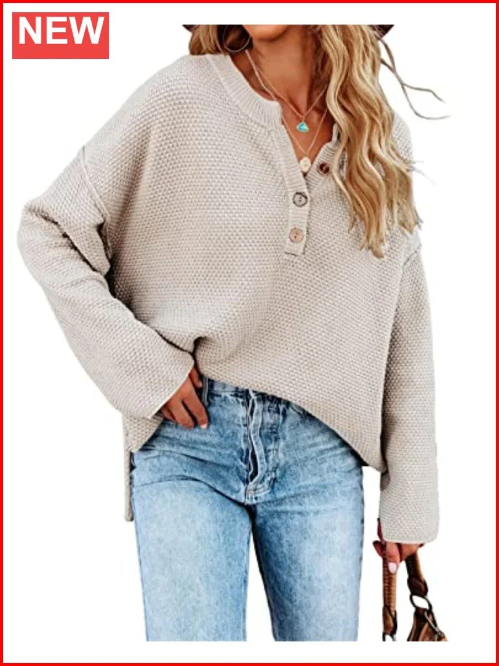 Oversized V Neck Button Knit Pullover Sweater